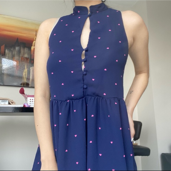 SIENNA SKY Blue Pink Hearts Patterned Keyhole Mini Dress - Picture 1 of 6
